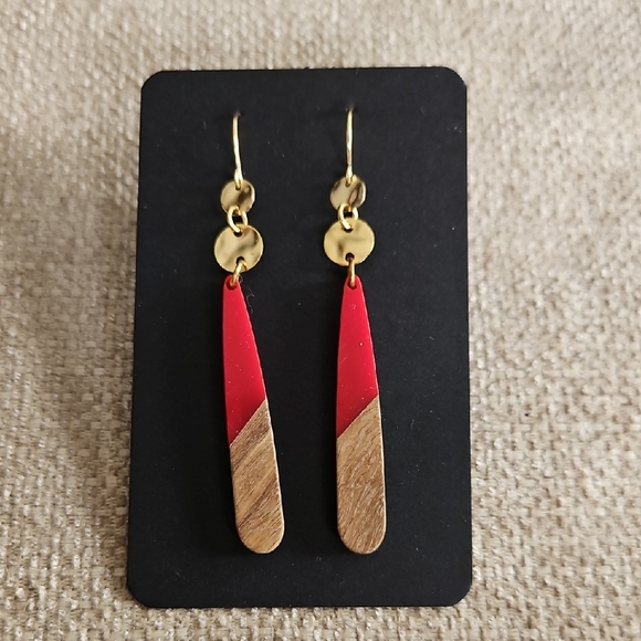 Jewelry - Handmade Red and Wood Drop Earrings by